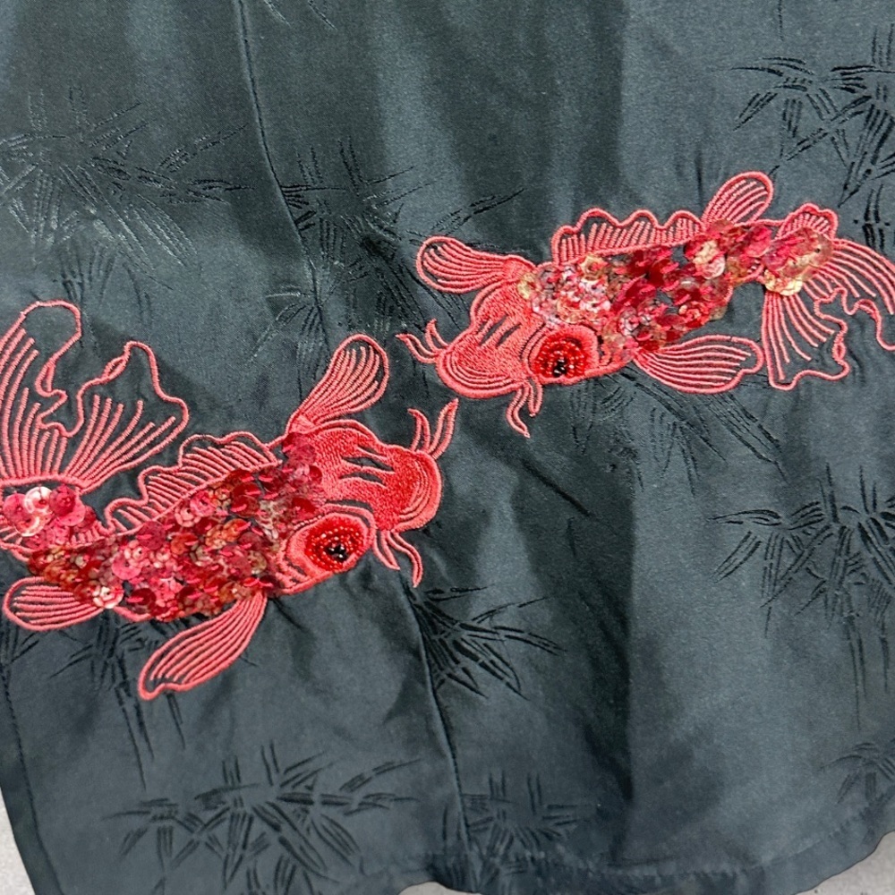 Vintage Citron 100% Silk Black Maxi Dress Fish Embroidery Size Small Side Zipper - Picture 3 of 14